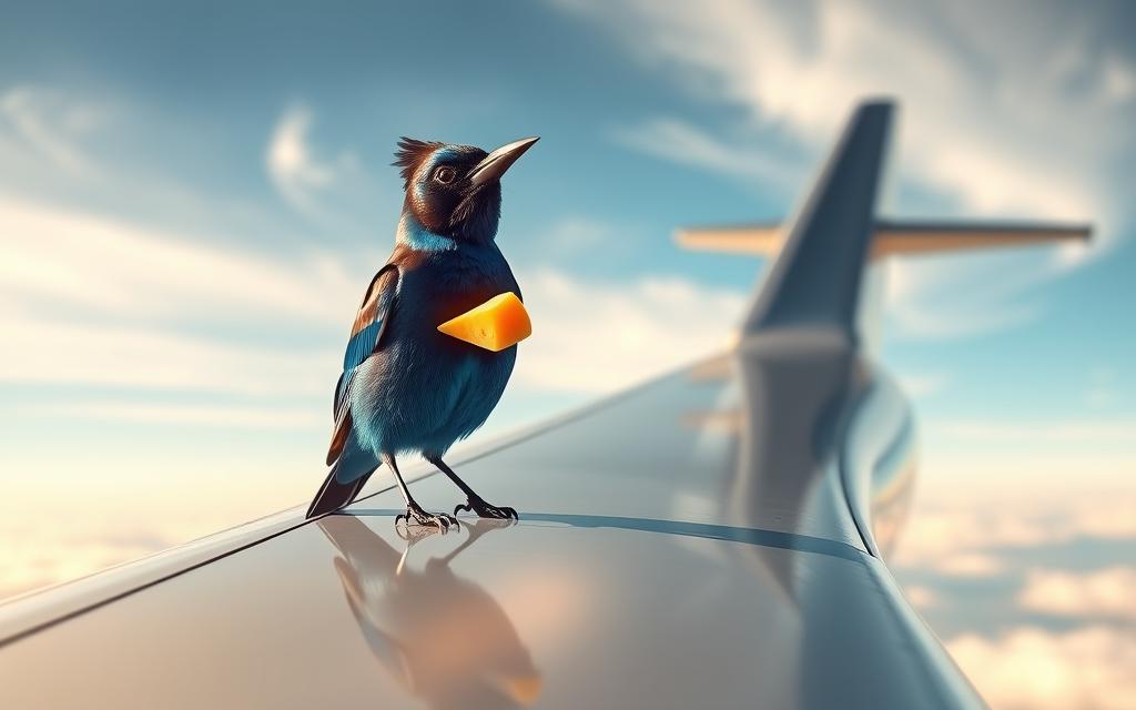 AI-generated image of a Steller's Jay on a jet eating cheese