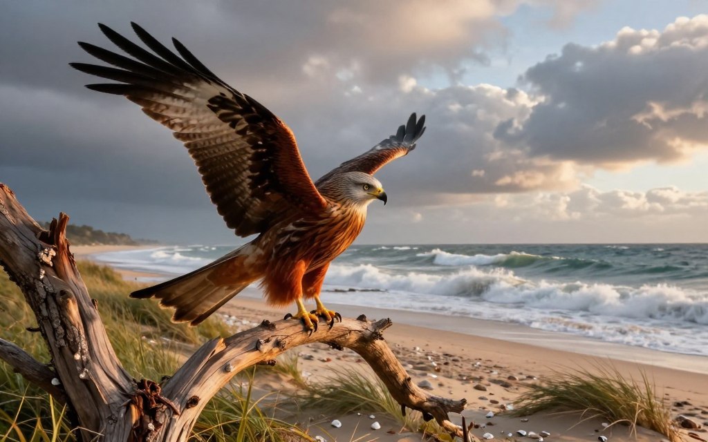 Red kite caught in tree above windy beach